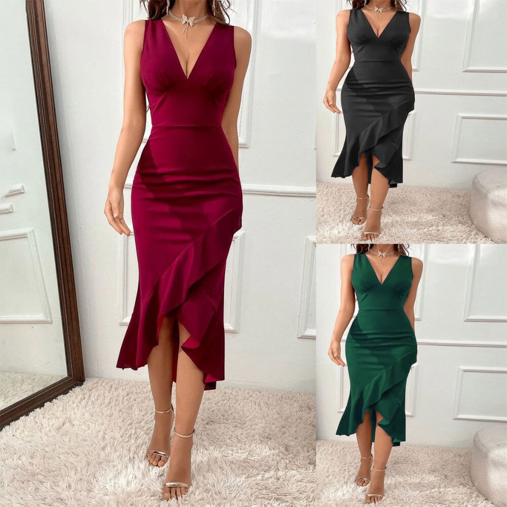 scallop & Slim Long Evening Dress Maroon Red